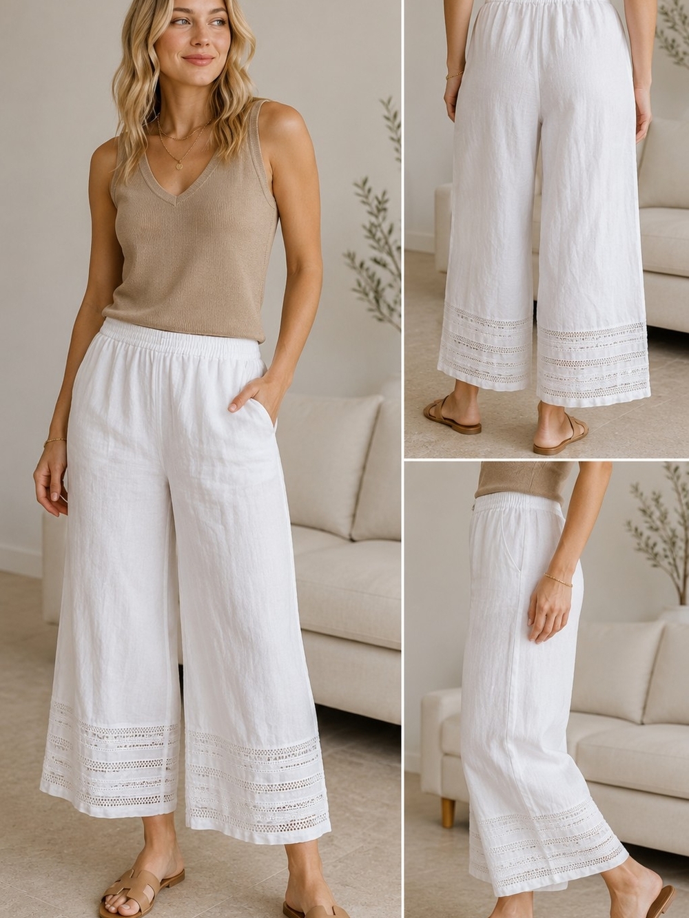 Elie Tahari White Linen Crop Pants Wide Leg Lace Trim Resort Coastal Size M